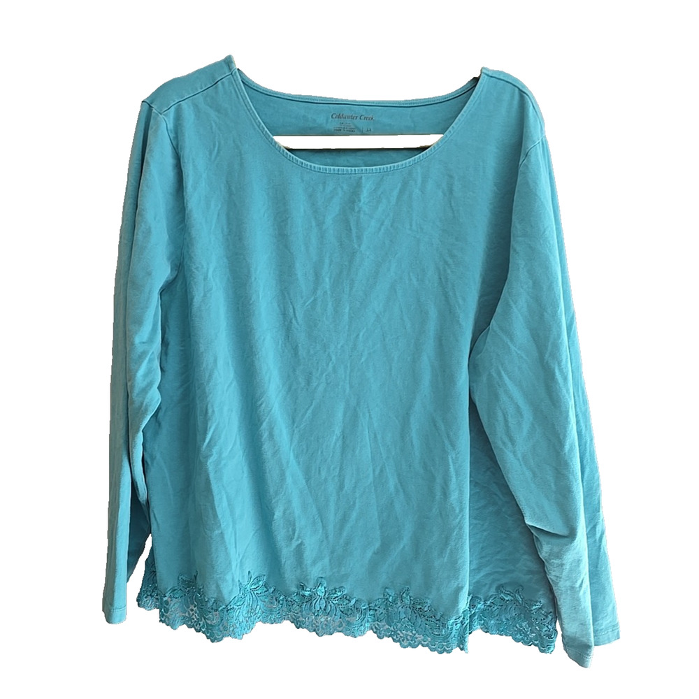 Coldwater Creek Turquoise Blue Lace Trim Long Sleeve Knit Top Plus Size 3X
